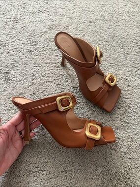 Like New Bottega Veneta Brown Leather Buckle Mule Heels with Gold Hardware